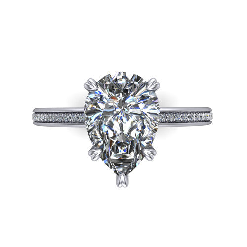 Kimberly pear classic engagement ring in 14K White Gold, top-down view showing the pear center diamond and pave shoulders from above