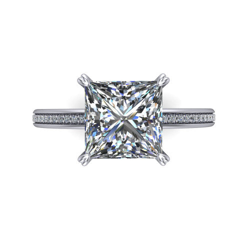 Kimberly princess-cut classic engagement ring in 18K White Gold, top-down view showing the princess-cut center diamond and pave shoulders from above