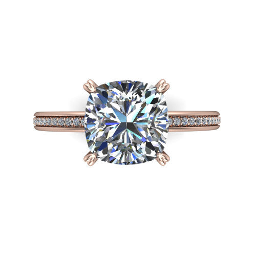 Kimberly cushion classic engagement ring in 14K Rose Gold, top-down view showing the cushion center diamond and pave shoulders from above