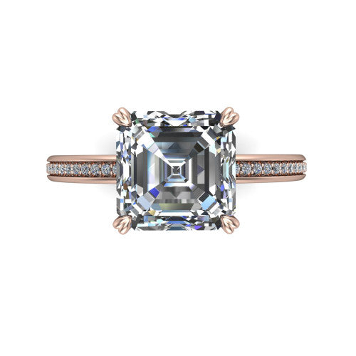 Kimberly square emerald-cut classic engagement ring in 14K Rose Gold, top-down view showing the square emerald-cut center diamond and pave shoulders from above