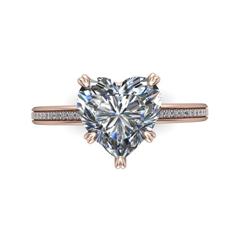Kimberly heart classic engagement ring in 18K Rose Gold, top-down view showing the heart center diamond and pave shoulders from above
