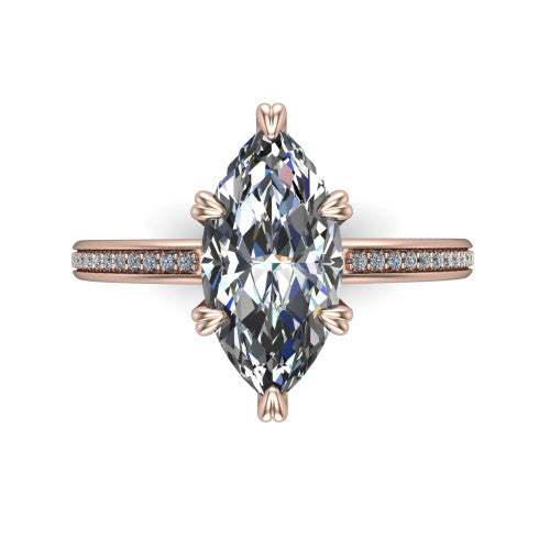 Kimberly marquise classic engagement ring in 14K Rose Gold, top-down view showing the marquise center diamond and pave shoulders from above