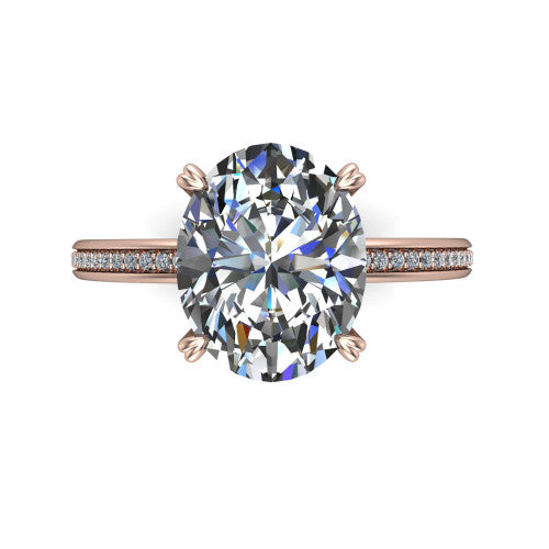 Kimberly oval classic engagement ring in 18K Rose Gold, top-down view showing the oval center diamond and pave shoulders from above