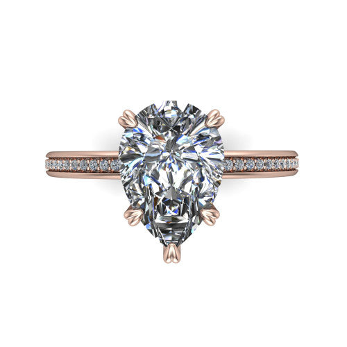 Kimberly pear classic engagement ring in 14K Rose Gold, top-down view showing the pear center diamond and pave shoulders from above