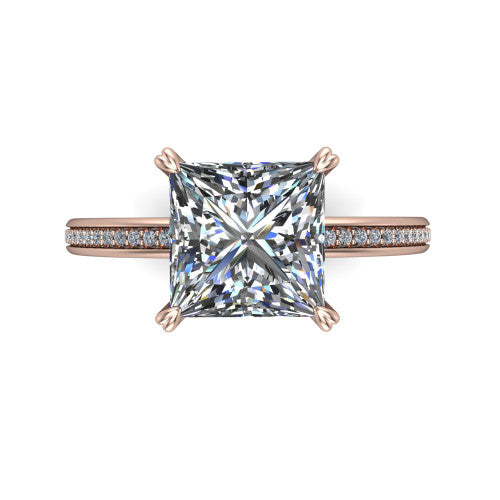 Kimberly princess-cut classic engagement ring in 14K Rose Gold, top-down view showing the princess-cut center diamond and pave shoulders from above