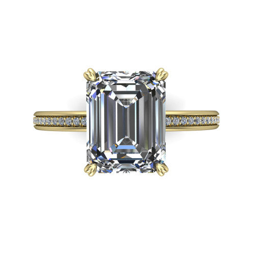 Kimberly emerald-cut classic engagement ring in 18K Yellow Gold, top-down view showing the emerald-cut center diamond and pave shoulders from above