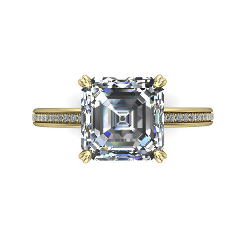 Kimberly square emerald-cut classic engagement ring in 14K Yellow Gold, top-down view showing the square emerald-cut center diamond and pave shoulders from above