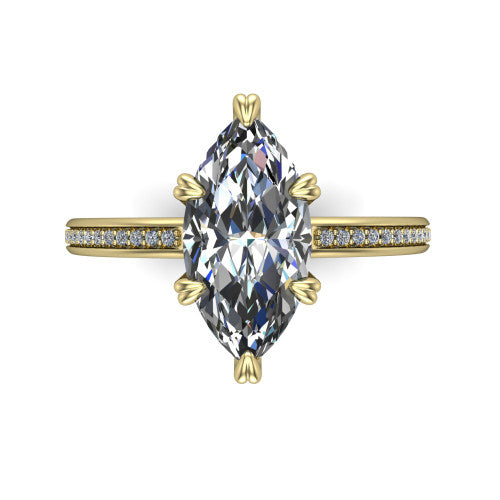 Kimberly marquise classic engagement ring in 18K Yellow Gold, top-down view showing the marquise center diamond and pave shoulders from above