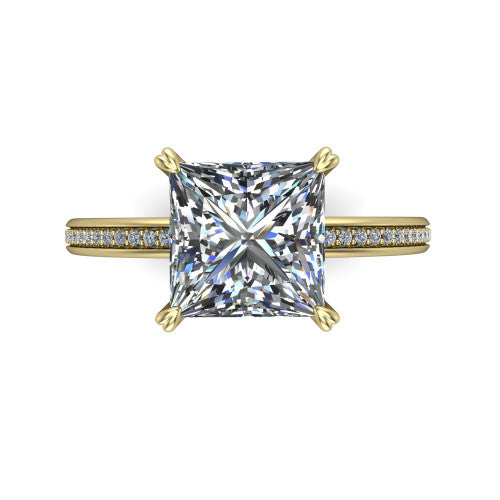 Kimberly princess-cut classic engagement ring in 18K Yellow Gold, top-down view showing the princess-cut center diamond and pave shoulders from above