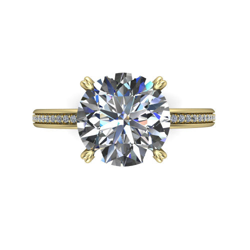 Kimberly round classic engagement ring in 18K Yellow Gold, top-down view showing the round center diamond and pave shoulders from above