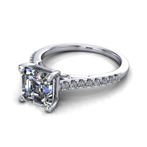 Milani square emerald-cut classic engagement ring in 18K White Gold, three-quarter perspective showing the square emerald-cut center diamond, double-claw prongs, and pavé shoulders