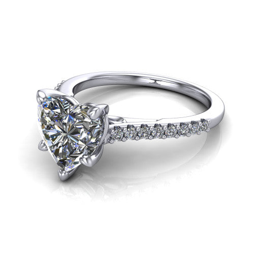 Milani heart-shaped classic engagement ring in 14K White Gold, three-quarter perspective showing the heart-shaped center diamond, double-claw prongs, and pavé shoulders