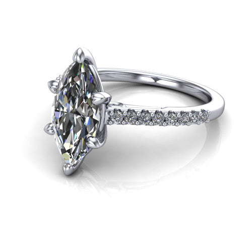 Milani marquise-cut classic engagement ring in 14K White Gold, three-quarter perspective showing the marquise-cut center diamond, double-claw prongs, and pavé shoulders