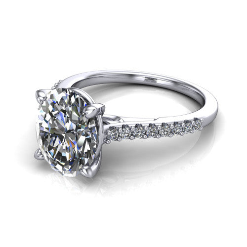 Milani oval classic engagement ring in Platinum, three-quarter perspective showing the oval center diamond, double-claw prongs, and pavé shoulders