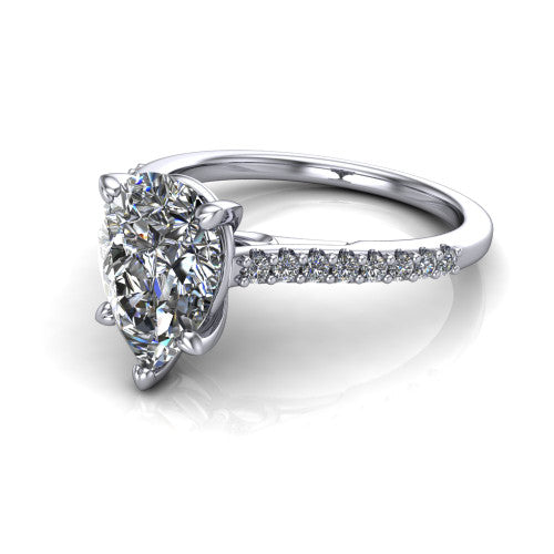 Milani pear-shaped classic engagement ring in 14K White Gold, three-quarter perspective showing the pear-shaped center diamond, double-claw prongs, and pavé shoulders