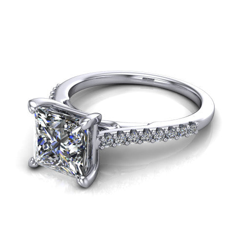 Milani princess-cut classic engagement ring in 18K White Gold, three-quarter perspective showing the princess-cut center diamond, double-claw prongs, and pavé shoulders