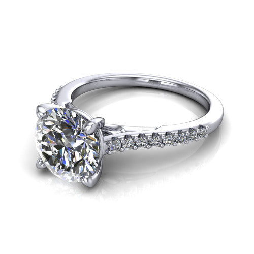 Milani round classic engagement ring in 18K White Gold, three-quarter perspective showing the round center diamond, double-claw prongs, and pavé shoulders