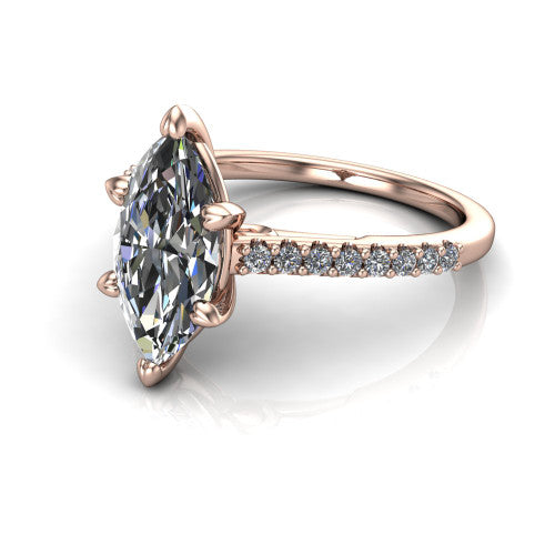 Milani marquise-cut classic engagement ring in 18K Rose Gold, three-quarter perspective showing the marquise-cut center diamond, double-claw prongs, and pavé shoulders