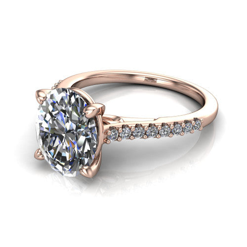 Milani oval classic engagement ring in 14K Rose Gold, three-quarter perspective showing the oval center diamond, double-claw prongs, and pavé shoulders