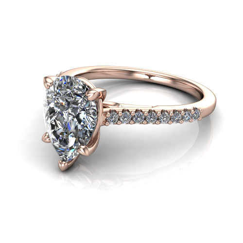 Milani pear-shaped classic engagement ring in 14K Rose Gold, three-quarter perspective showing the pear-shaped center diamond, double-claw prongs, and pavé shoulders