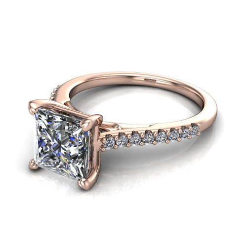 Milani princess-cut classic engagement ring in 18K Rose Gold, three-quarter perspective showing the princess-cut center diamond, double-claw prongs, and pavé shoulders