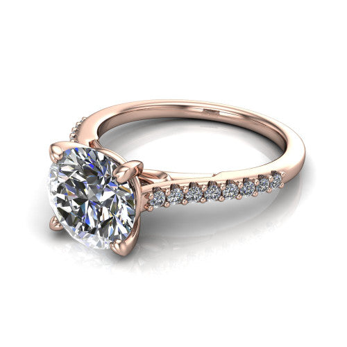 Milani round classic engagement ring in 18K Rose Gold, three-quarter perspective showing the round center diamond, double-claw prongs, and pavé shoulders