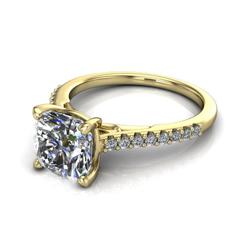 Milani cushion-cut classic engagement ring in 18K Yellow Gold, three-quarter perspective showing the cushion-cut center diamond, double-claw prongs, and pavé shoulders