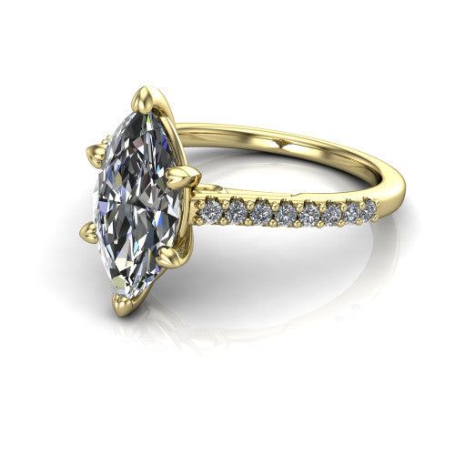 Milani marquise-cut classic engagement ring in 14K Yellow Gold, three-quarter perspective showing the marquise-cut center diamond, double-claw prongs, and pavé shoulders