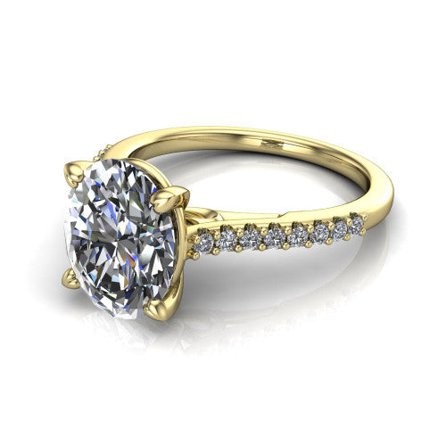 Milani oval classic engagement ring in 14K Yellow Gold, three-quarter perspective showing the oval center diamond, double-claw prongs, and pavé shoulders