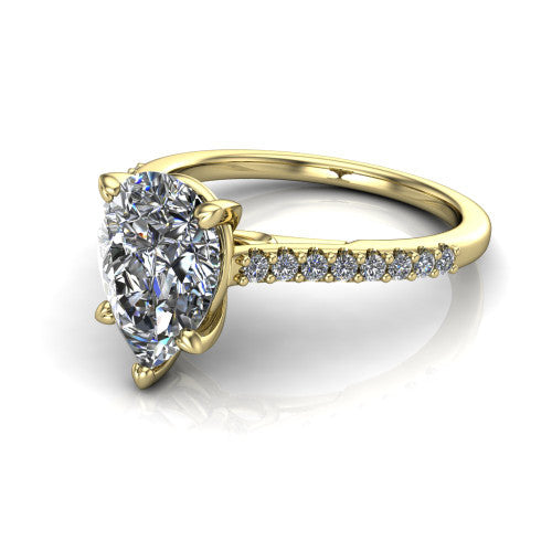 Milani pear-shaped classic engagement ring in 14K Yellow Gold, three-quarter perspective showing the pear-shaped center diamond, double-claw prongs, and pavé shoulders