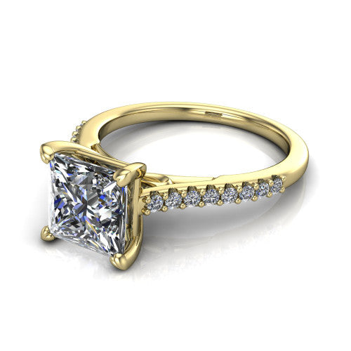 Milani princess-cut classic engagement ring in 18K Yellow Gold, three-quarter perspective showing the princess-cut center diamond, double-claw prongs, and pavé shoulders