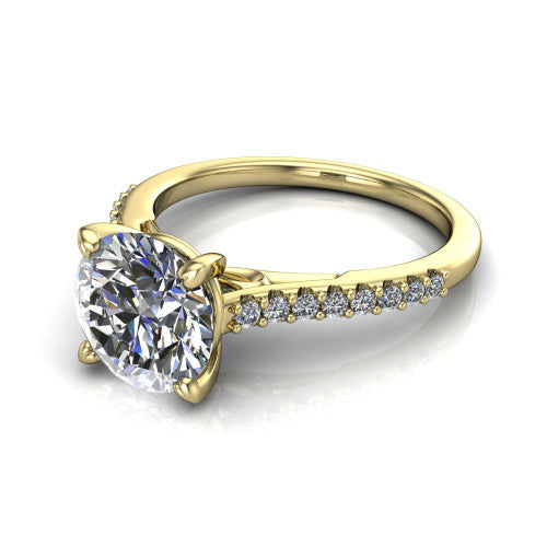 Milani round classic engagement ring in 18K Yellow Gold, three-quarter perspective showing the round center diamond, double-claw prongs, and pavé shoulders
