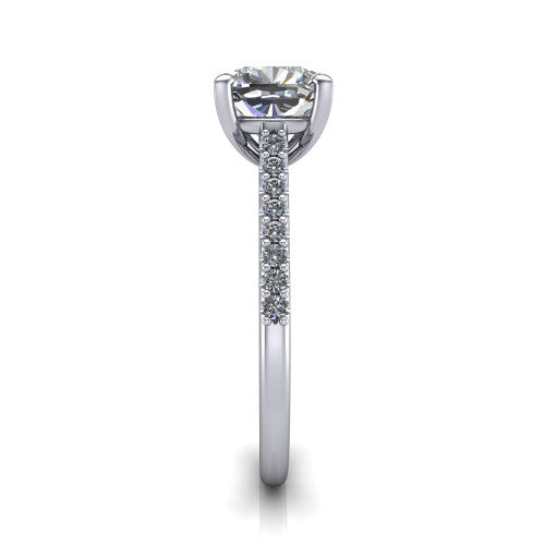 Milani cushion-cut classic engagement ring in 18K White Gold, side profile showing the pavé shoulders and bow-motif gallery