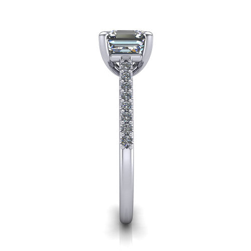 Milani square emerald-cut classic engagement ring in 18K White Gold, side profile showing the pavé shoulders and bow-motif gallery