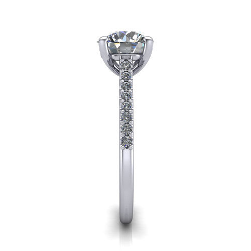 Milani round classic engagement ring in 14K White Gold, side profile showing the pavé shoulders and bow-motif gallery
