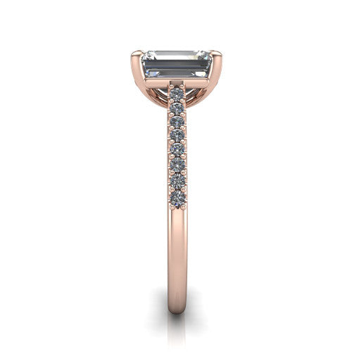 Milani emerald-cut classic engagement ring in 18K Rose Gold, side profile showing the pavé shoulders and bow-motif gallery