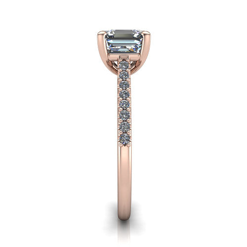Milani square emerald-cut classic engagement ring in 18K Rose Gold, side profile showing the pavé shoulders and bow-motif gallery