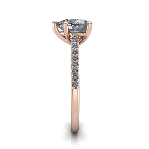 Milani heart-shaped classic engagement ring in 18K Rose Gold, side profile showing the pavé shoulders and bow-motif gallery