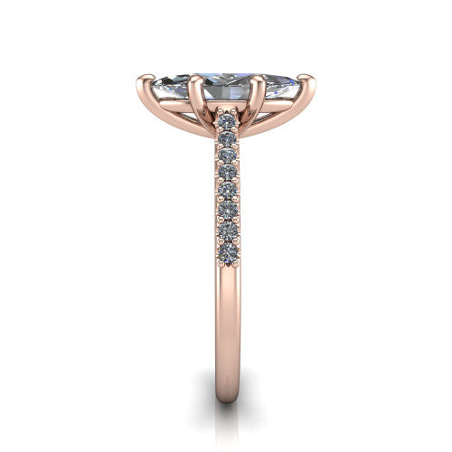 Milani marquise-cut classic engagement ring in 14K Rose Gold, side profile showing the pavé shoulders and bow-motif gallery