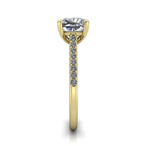 Milani cushion-cut classic engagement ring in 18K Yellow Gold, side profile showing the pavé shoulders and bow-motif gallery
