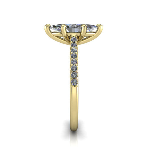 Milani marquise-cut classic engagement ring in 18K Yellow Gold, side profile showing the pavé shoulders and bow-motif gallery