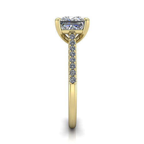 Milani princess-cut classic engagement ring in 18K Yellow Gold, side profile showing the pavé shoulders and bow-motif gallery