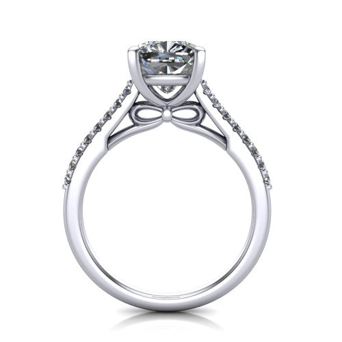 Milani cushion-cut classic engagement ring in Platinum, front profile through the finger showing the bow-motif gallery beneath the center stone