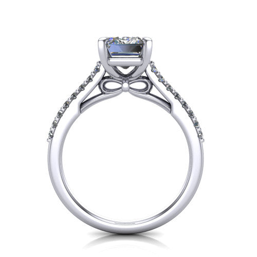 Milani emerald-cut classic engagement ring in Platinum, front profile through the finger showing the bow-motif gallery beneath the center stone
