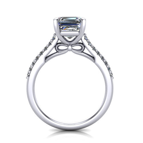 Milani square emerald-cut classic engagement ring in 18K White Gold, front profile through the finger showing the bow-motif gallery beneath the center stone