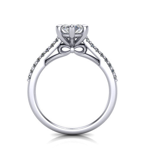 Milani marquise-cut classic engagement ring in 18K White Gold, front profile through the finger showing the bow-motif gallery beneath the center stone
