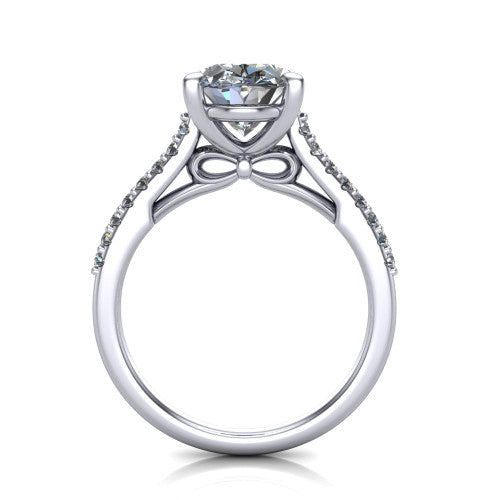 Milani oval classic engagement ring in Platinum, front profile through the finger showing the bow-motif gallery beneath the center stone