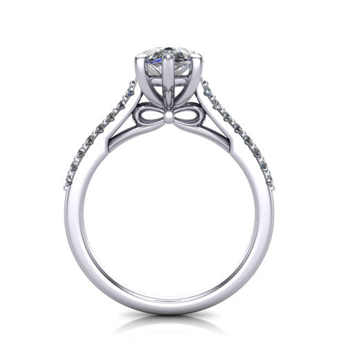 Milani pear-shaped classic engagement ring in Platinum, front profile through the finger showing the bow-motif gallery beneath the center stone