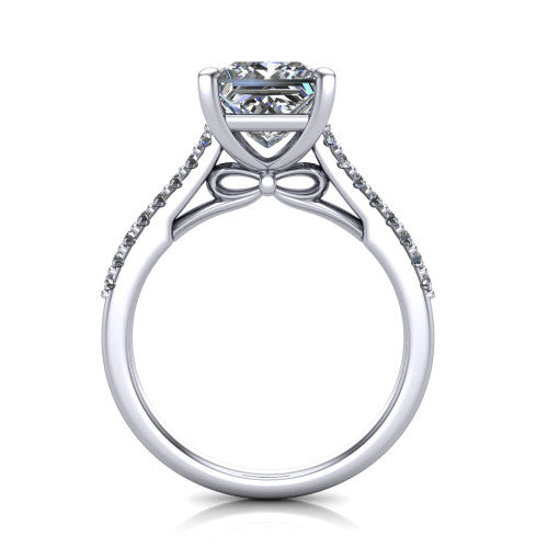 Milani princess-cut classic engagement ring in Platinum, front profile through the finger showing the bow-motif gallery beneath the center stone