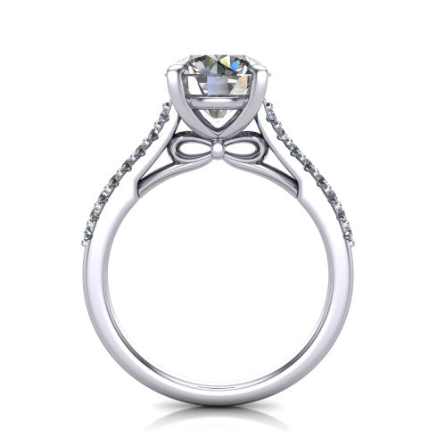 Milani round classic engagement ring in 14K White Gold, front profile through the finger showing the bow-motif gallery beneath the center stone